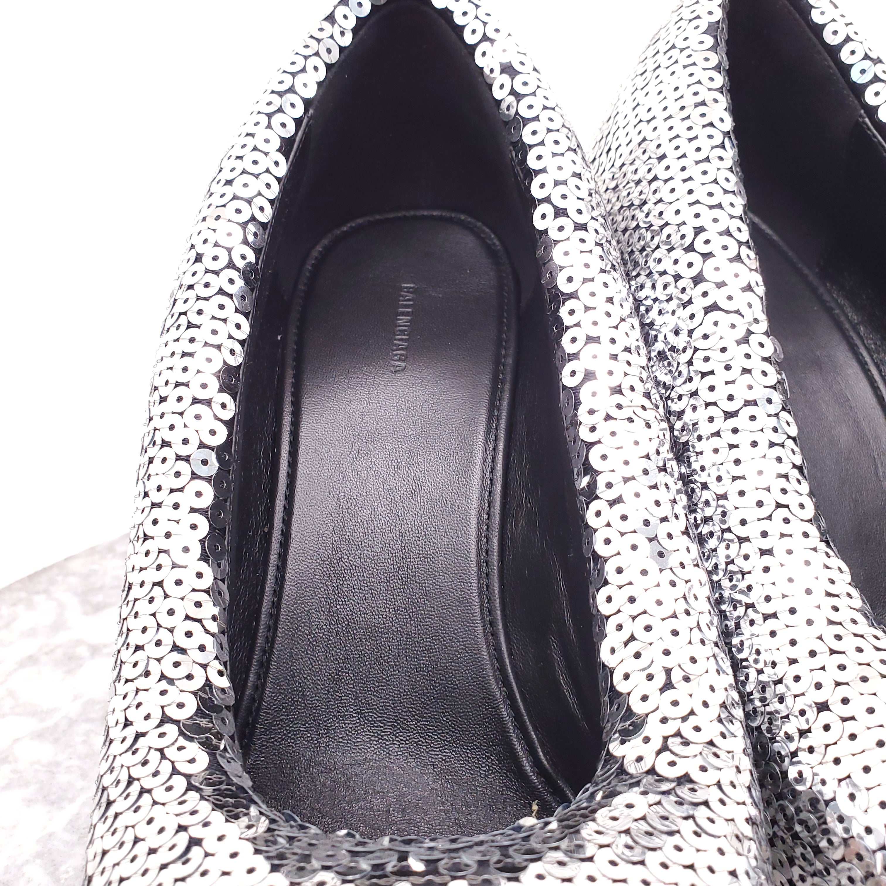 BALENCIAGA XL PUMP SILVER SEQUIN HEELS - SIZE 38