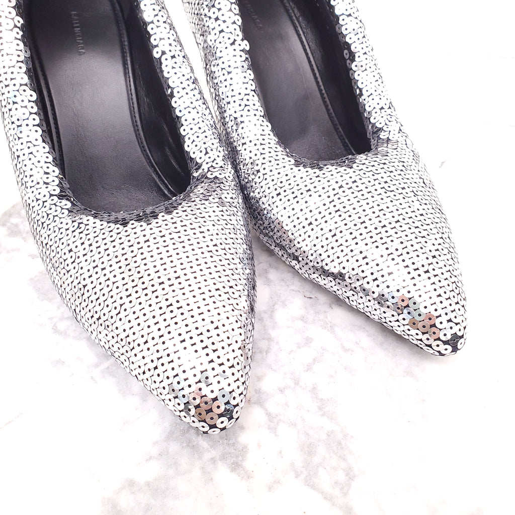 BALENCIAGA XL PUMP SILVER SEQUIN HEELS - SIZE 38