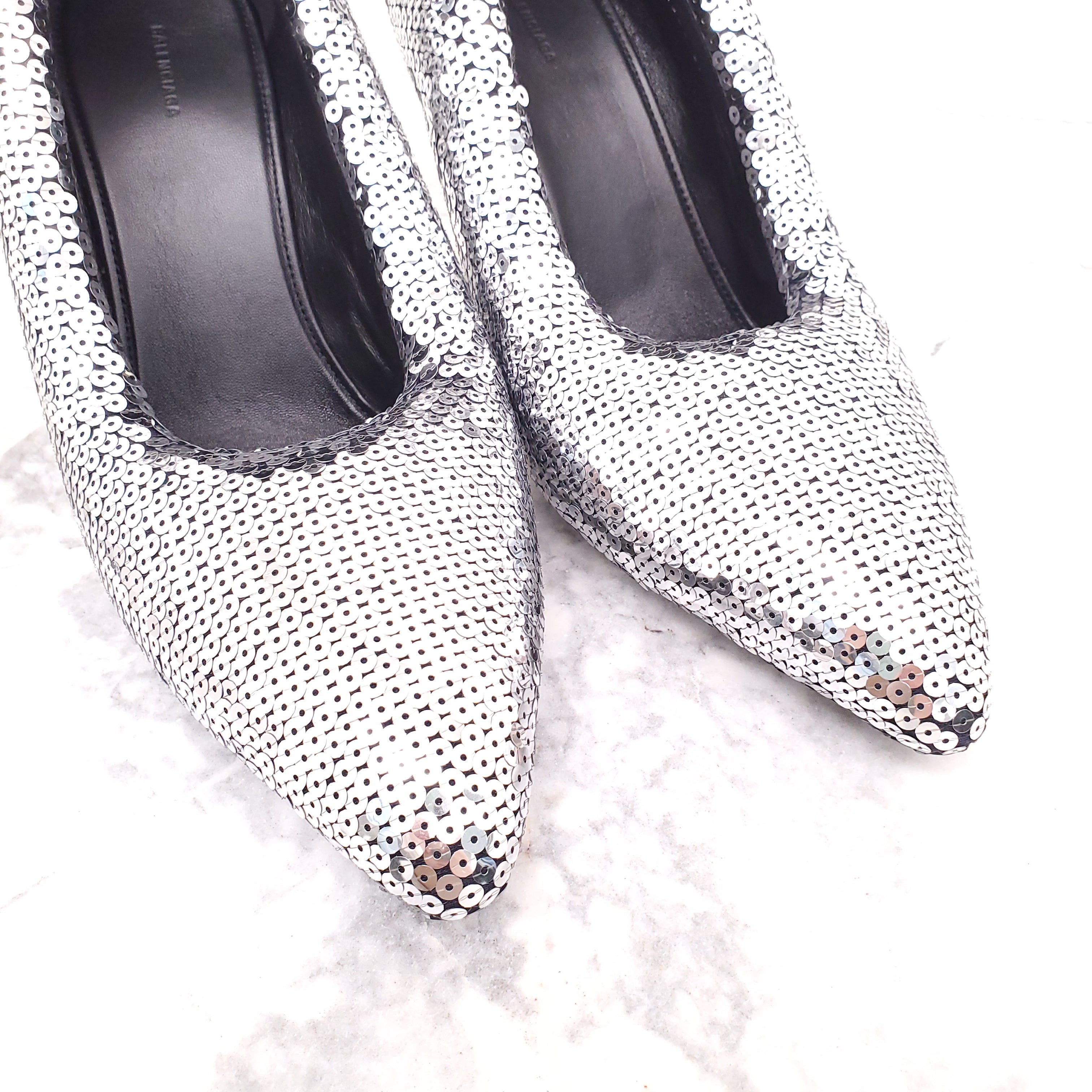 BALENCIAGA XL PUMP SILVER SEQUIN HEELS - SIZE 38