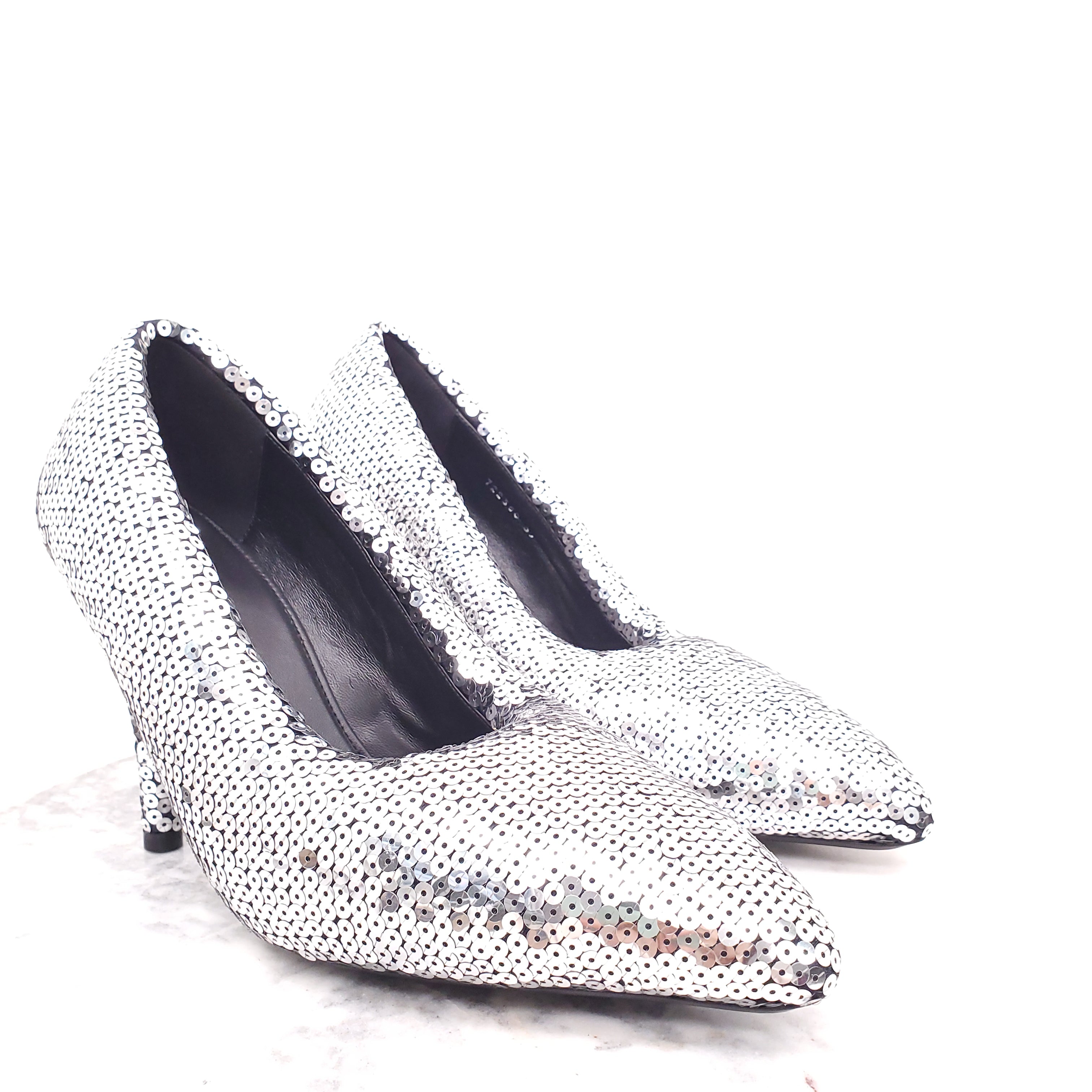 BALENCIAGA XL PUMP SILVER SEQUIN HEELS - SIZE 38