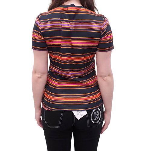 BALMAIN BLACK AND ORANGE STRIPED LOGO T-SHIRT - SIZE 34