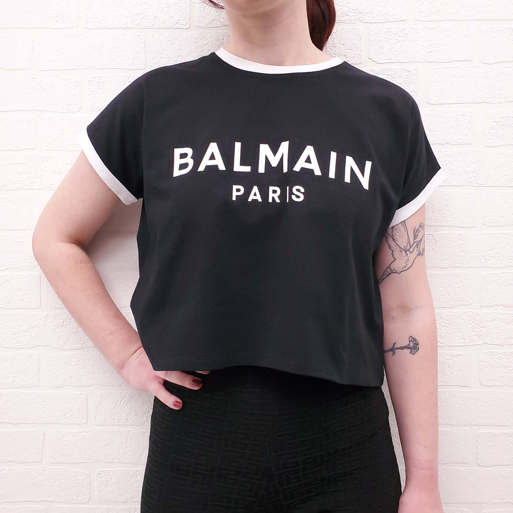 BALMAIN BLACK AND WHITE LOGO T-SHIRT - SIZE XS