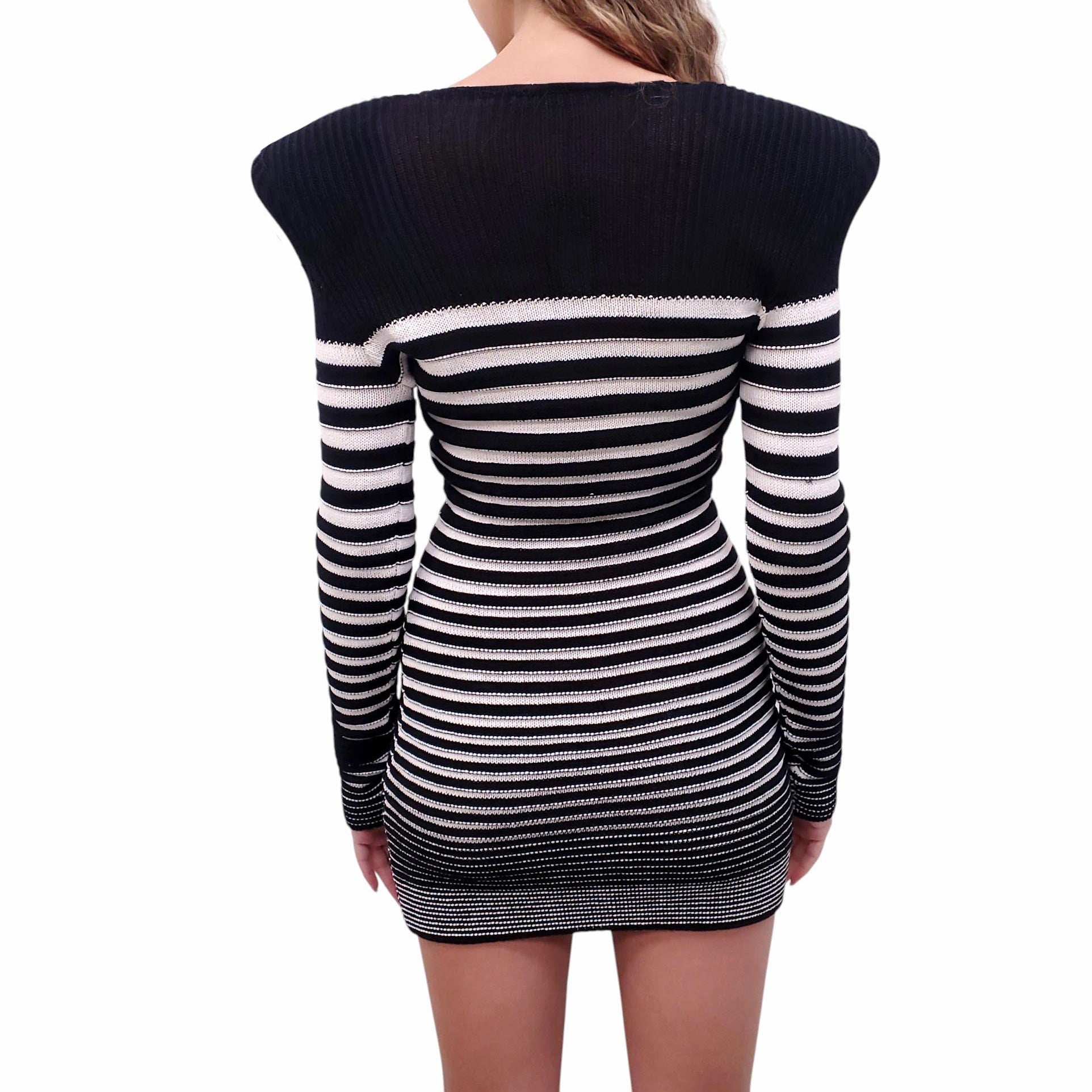 BALMAIN BLACK AND WHITE STRIPED SAILOR-STYLE KNIT DRESS - SIZE 36