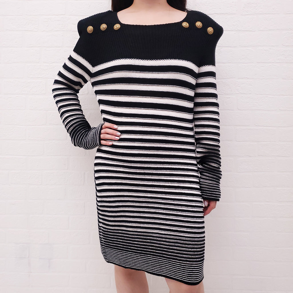 BALMAIN BLACK AND WHITE STRIPED SAILOR STYLE KNIT DRESS - SIZE 42