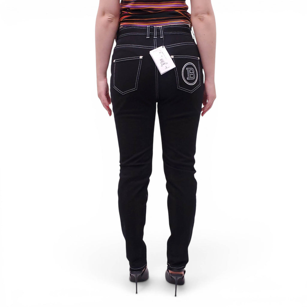 BALMAIN BLACK DENIM PANTS WITH WHITE STITCHING - SIZE 42