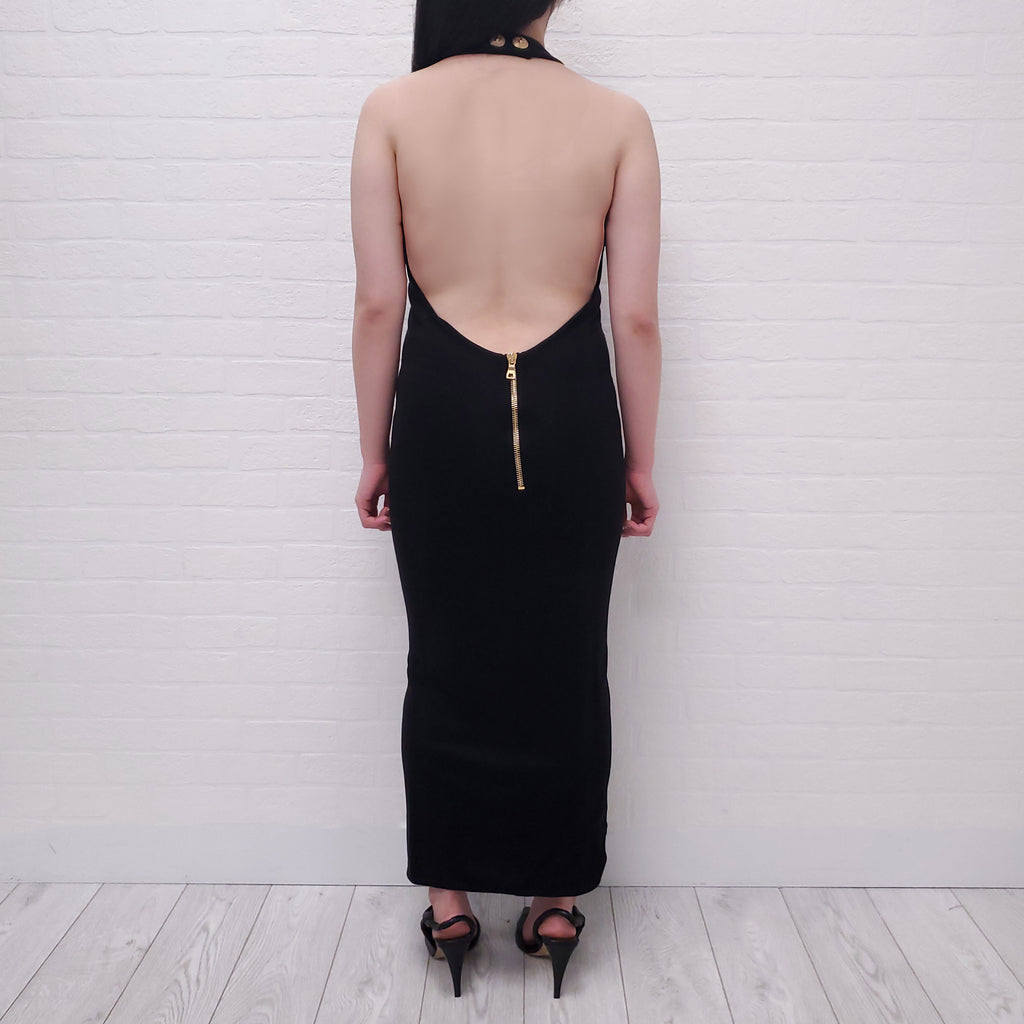 BALMAIN BLACK HALTER DRESS WITH LOGO BUTTON CLASP - SIZE 38
