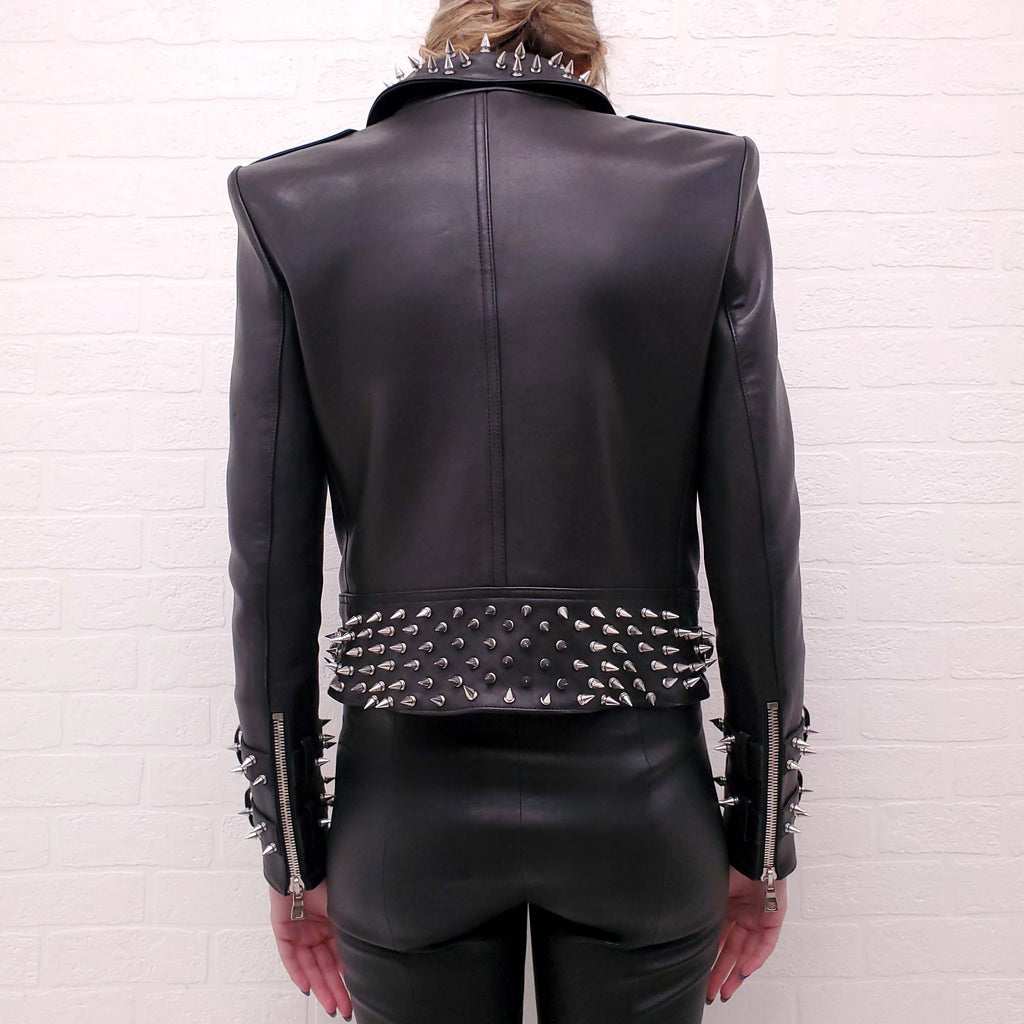 BALMAIN BLACK LEATHER JACKET WITH STUD DETAILS - SIZE 36