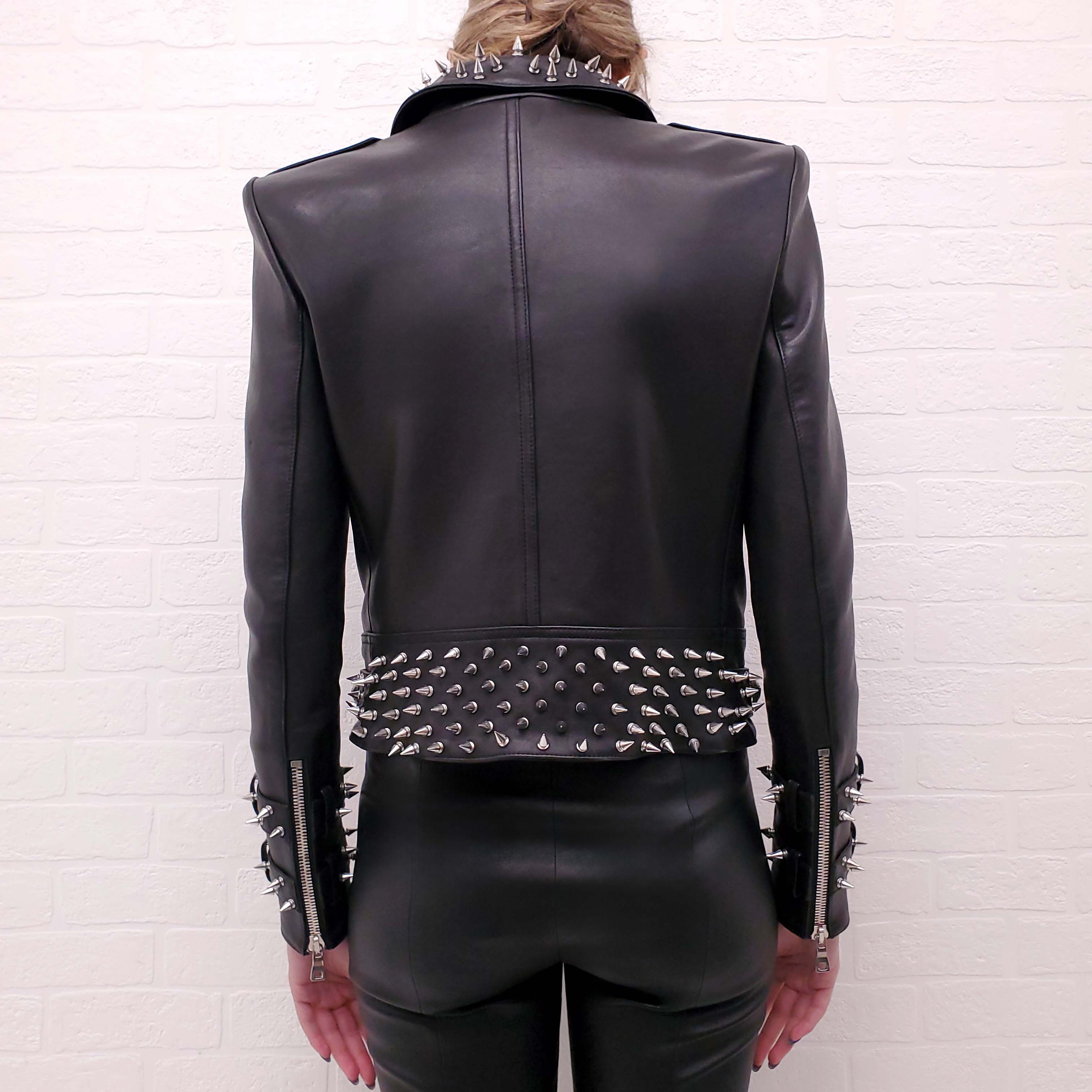 BALMAIN BLACK LEATHER JACKET WITH STUD DETAILS - SIZE 36