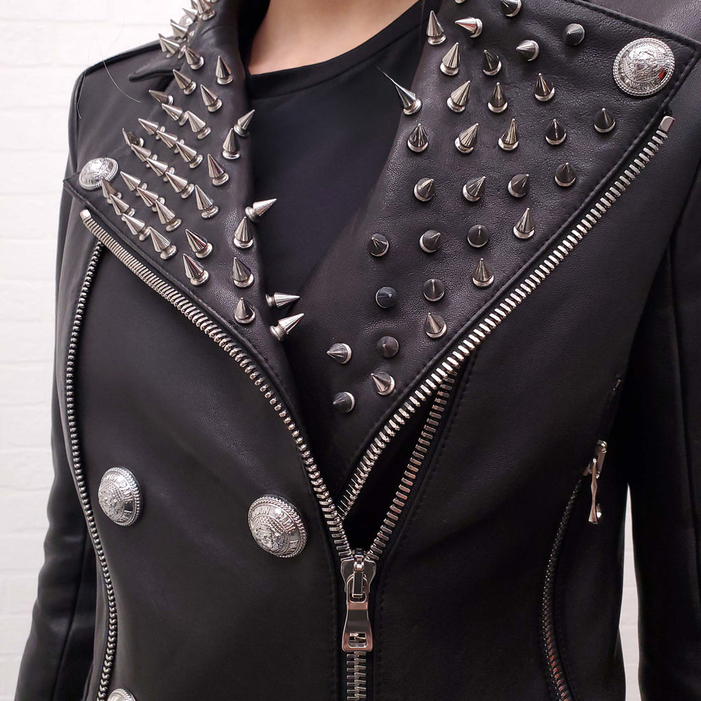 BALMAIN BLACK LEATHER JACKET WITH STUD DETAILS - SIZE 36