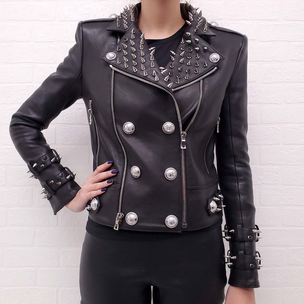 BALMAIN BLACK LEATHER JACKET WITH STUD DETAILS - SIZE 36