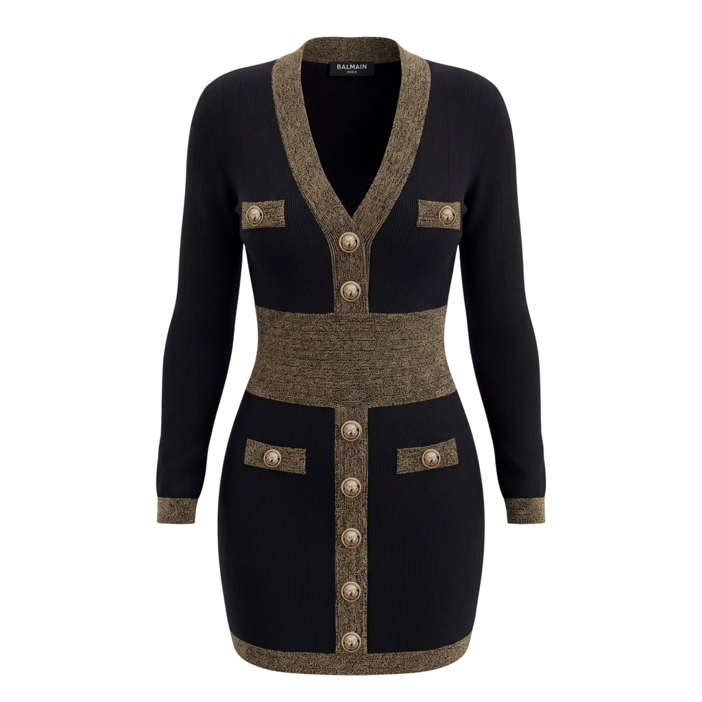 BALMAIN BLACK LONG SLEEVE DRESS WITH GOLD BUTTONS - SIZE 40
