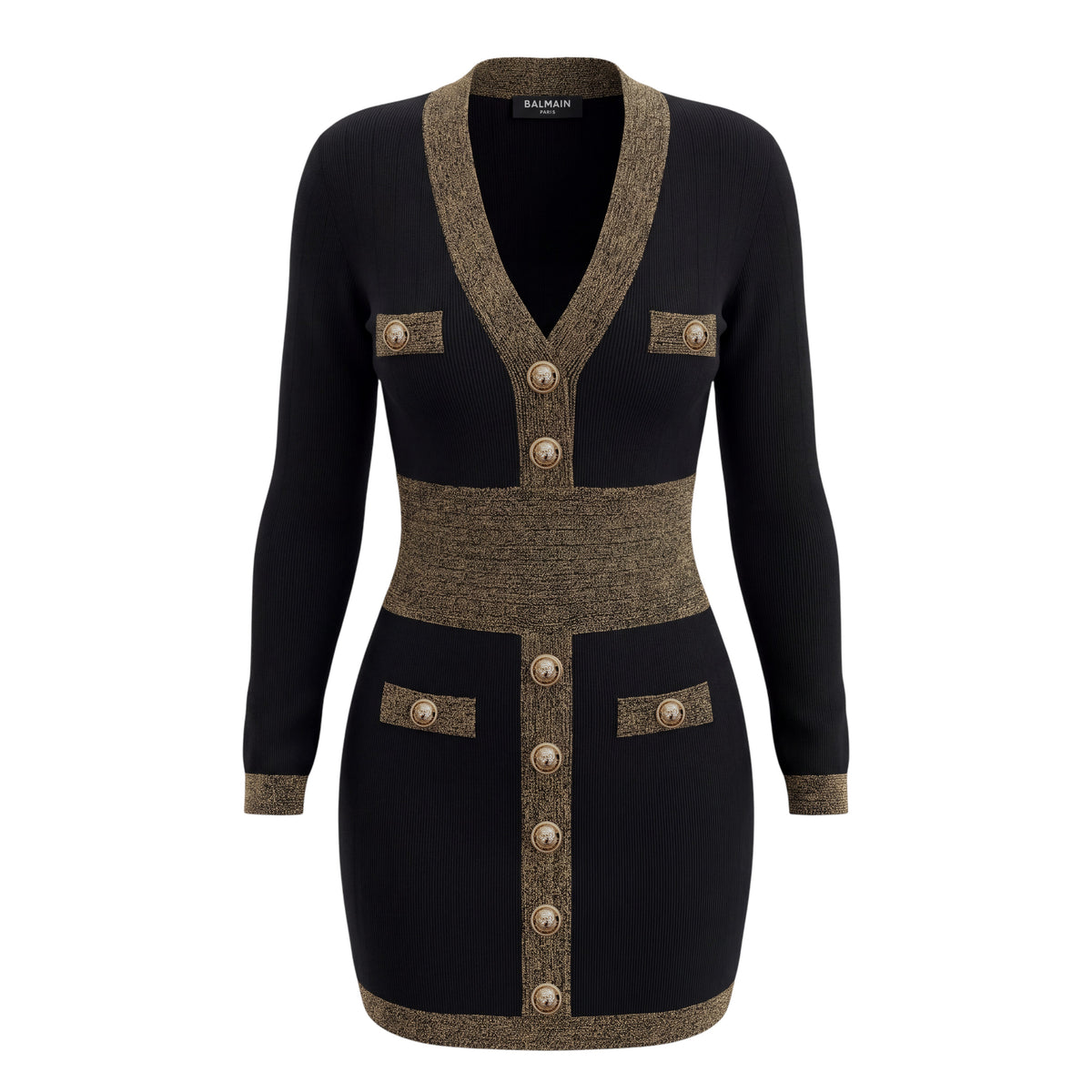 BALMAIN BLACK LONG SLEEVE DRESS WITH GOLD BUTTONS - SIZE 40