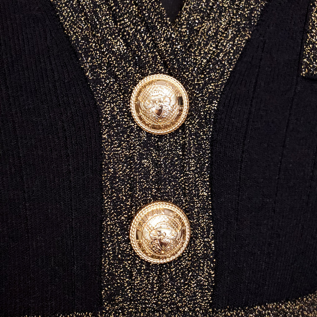 BALMAIN BLACK LONG SLEEVE DRESS WITH GOLD BUTTONS - SIZE 40