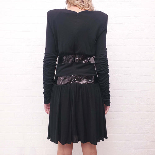 BALMAIN BLACK ROUCHED SEQUIN DRESS - SIZE 42