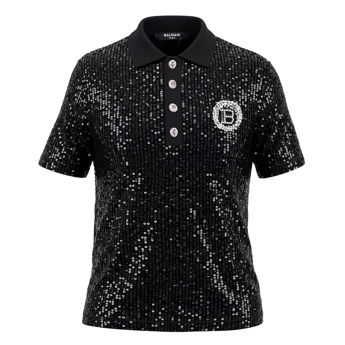 BALMAIN BLACK SEQUIN SHORT SLEEVE POLO WITH CRYSTAL LOGO - SIZE 36