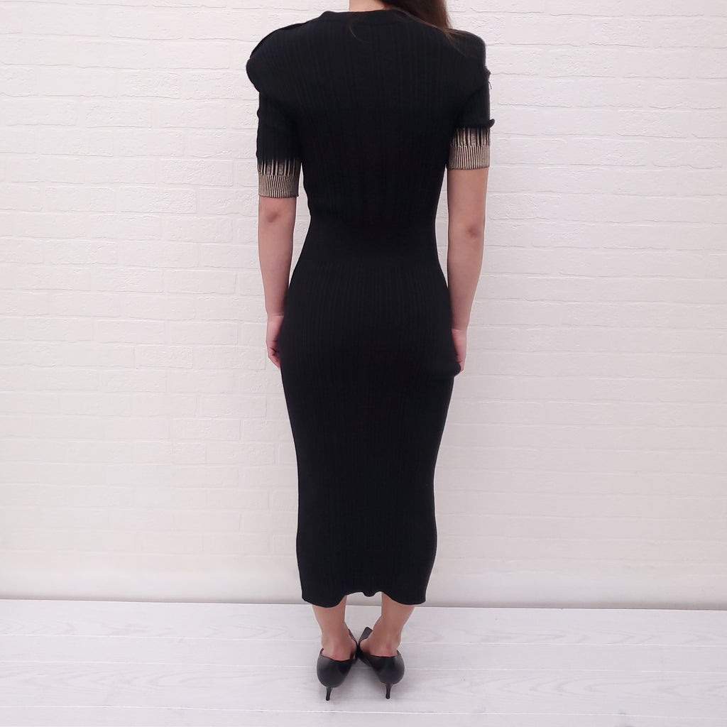 BALMAIN BLACK SHORT SLEEVE LONG DRESS WITH GOLD LOGO BUTTONS AND METALLIC DETAIL - SIZE 40