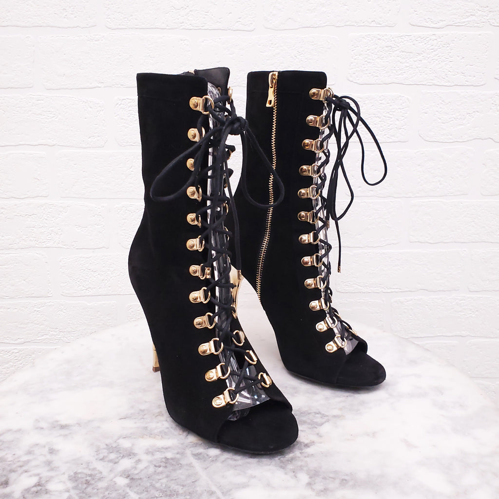 BALMAIN BLACK SUEDE LACE UP BOOTIES WITH GOLD HEEL - SIZE 37