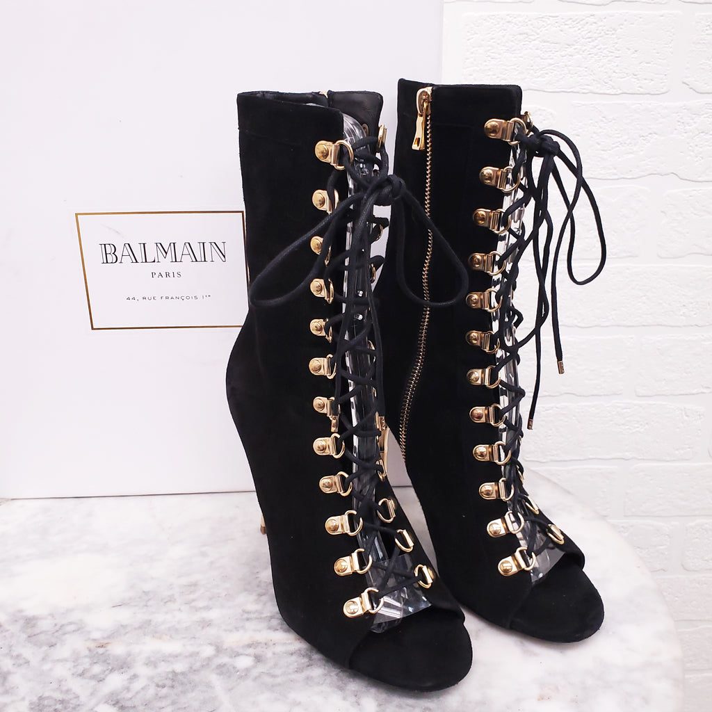 BALMAIN BLACK SUEDE LACE UP BOOTIES WITH GOLD HEEL - SIZE 37