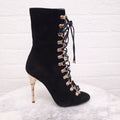 BALMAIN BLACK SUEDE LACE UP BOOTIES WITH GOLD HEEL - SIZE 37