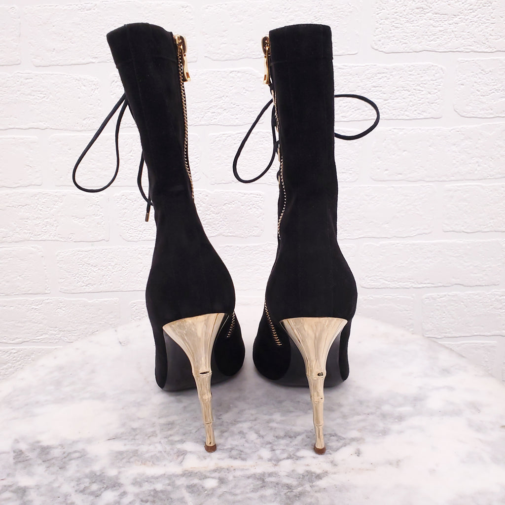 BALMAIN BLACK SUEDE LACE UP BOOTIES WITH GOLD HEEL - SIZE 37