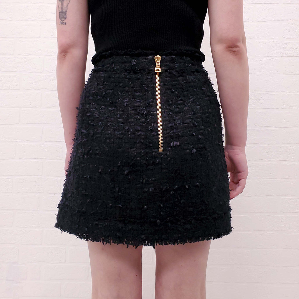 BALMAIN BLACK TWEED SKIRT WITH GOLD LOGO BUTTONS - SIZE 40