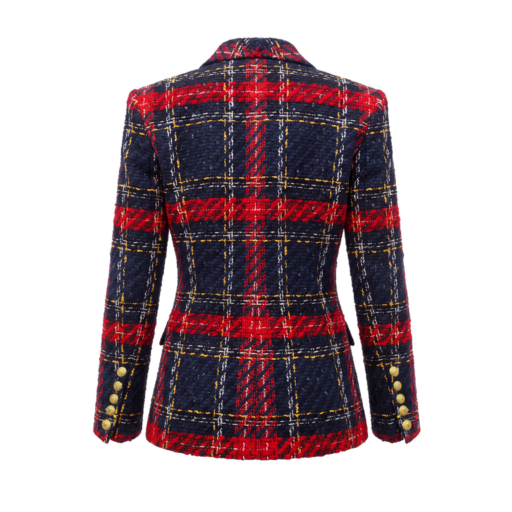 BALMAIN BLUE AND RED PLAID TWEED BLAZER  - SIZE 42