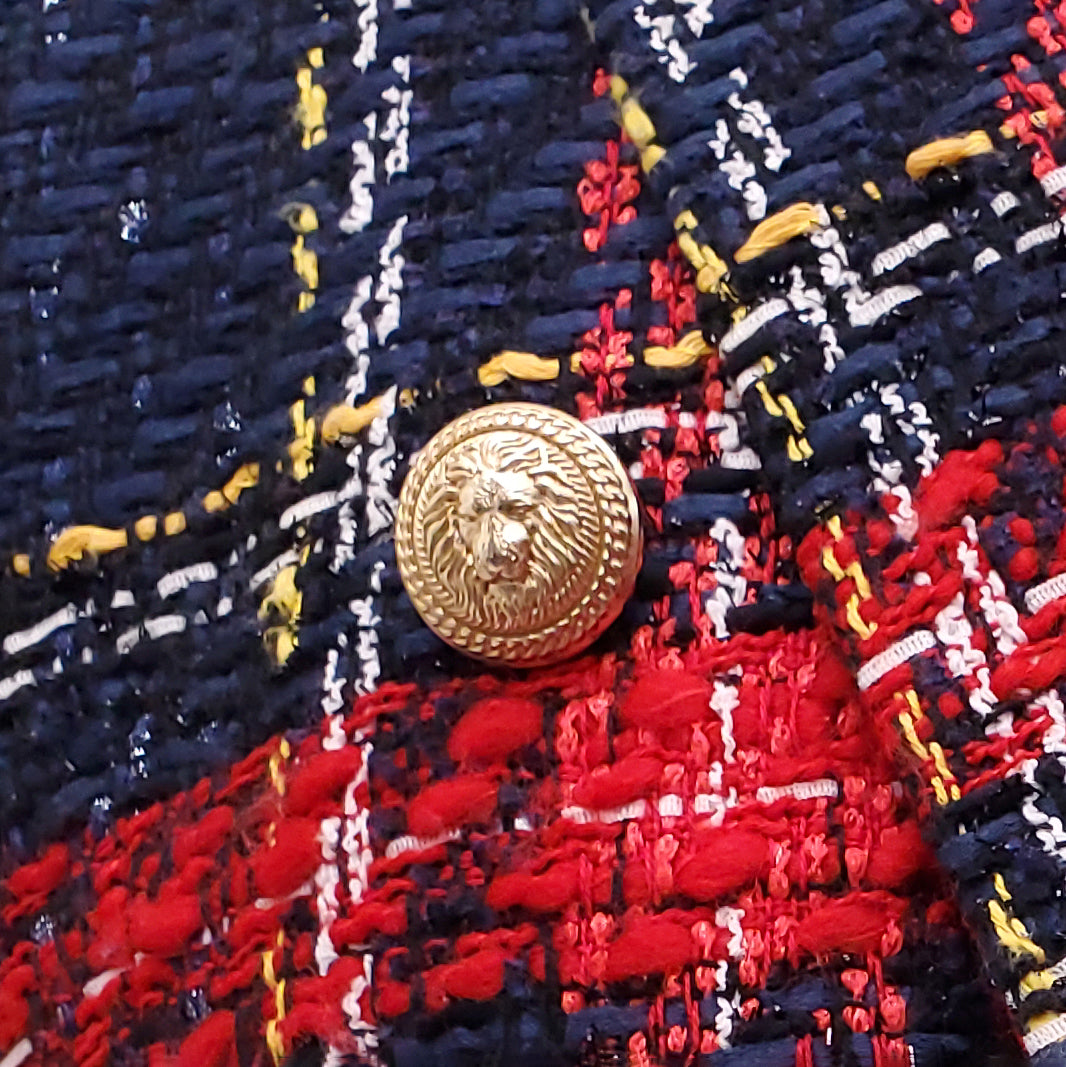 BALMAIN BLUE AND RED PLAID TWEED BLAZER  - SIZE 42