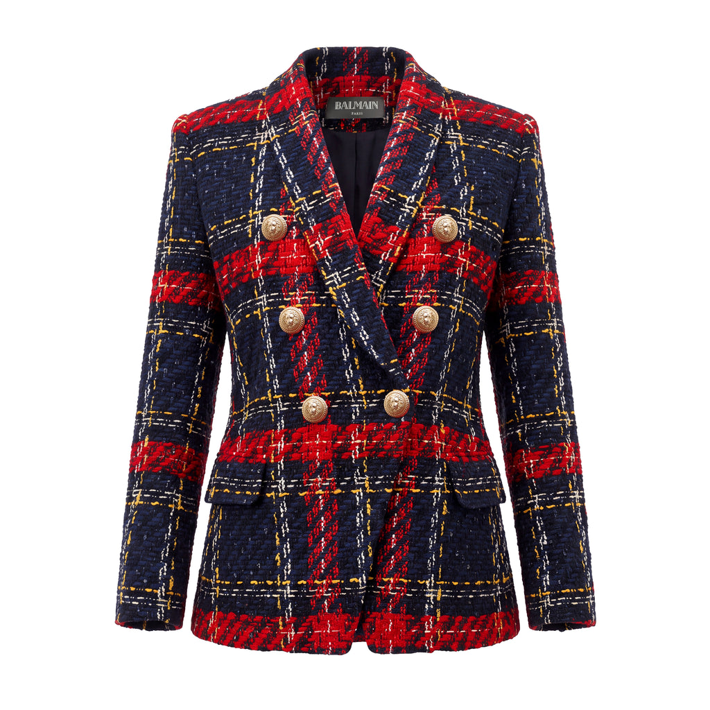 BALMAIN BLUE AND RED PLAID TWEED BLAZER  - SIZE 42