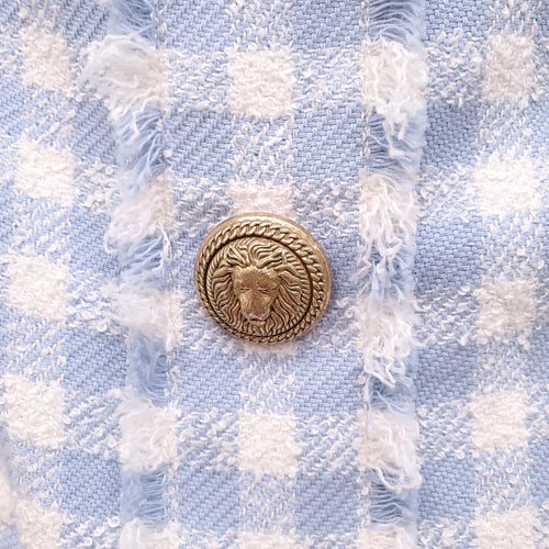 BALMAIN BLUE AND WHITE GINGHAM TWEED DRESS WITH GOLD BUTTONS - SIZE 40