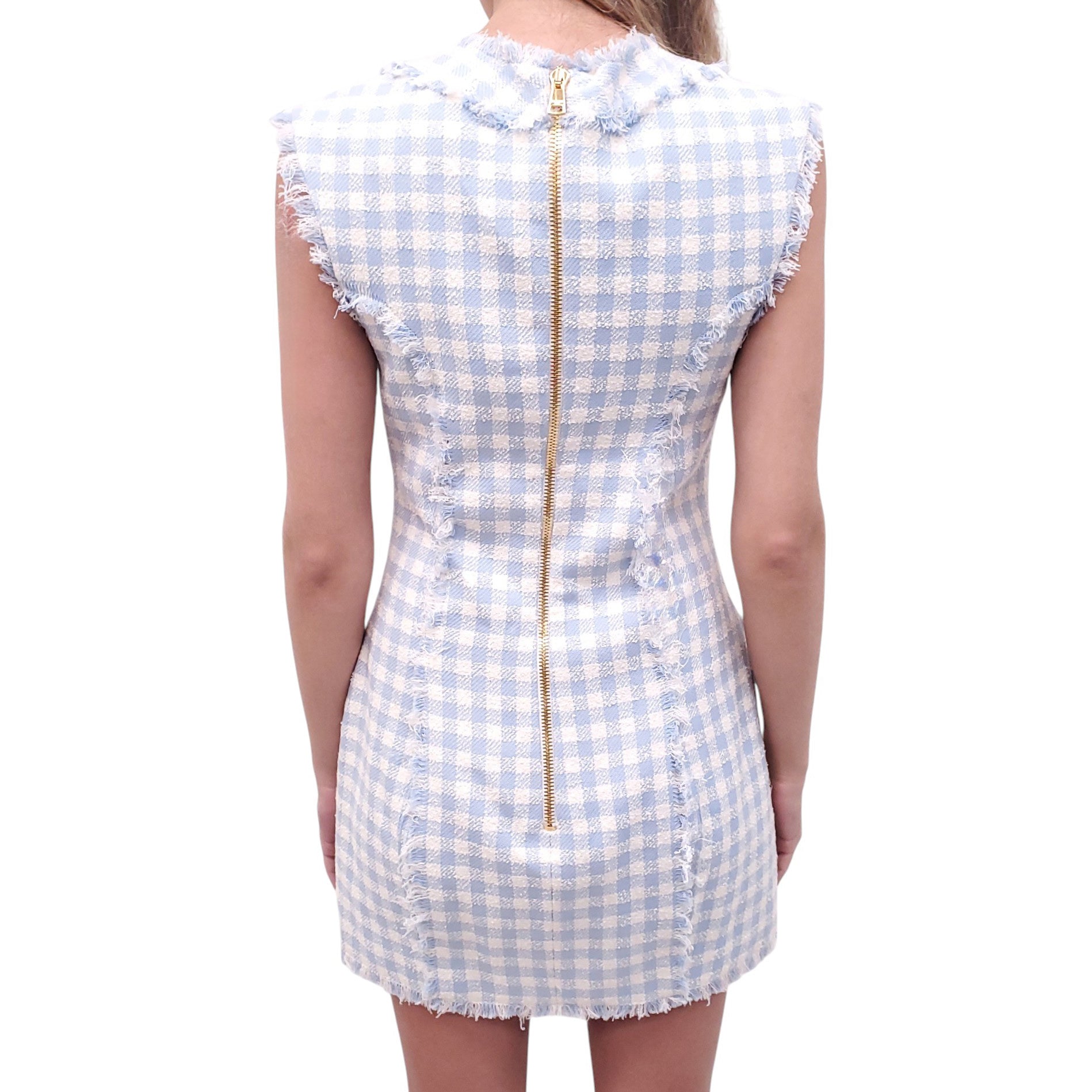 balmain blue and white dress Balmain Blue Three-Button Wrap Dress Balmain