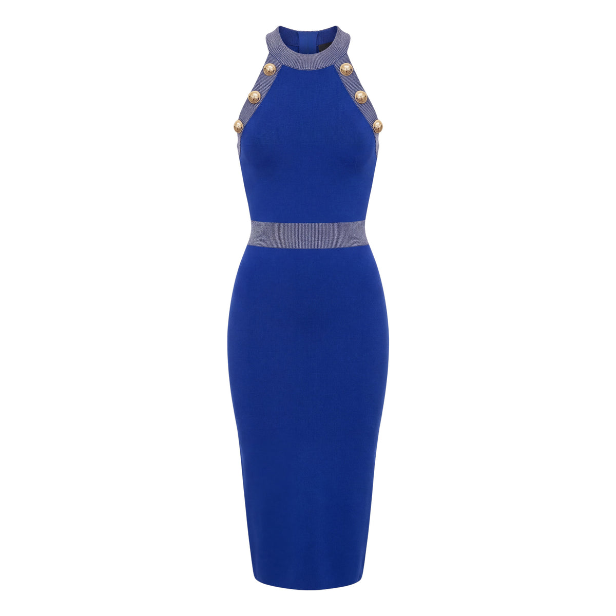 BALMAIN BLUE KNIT MAXI DRESS SLEEVELESS WITH GOLD BUTTONS - SIZE 40