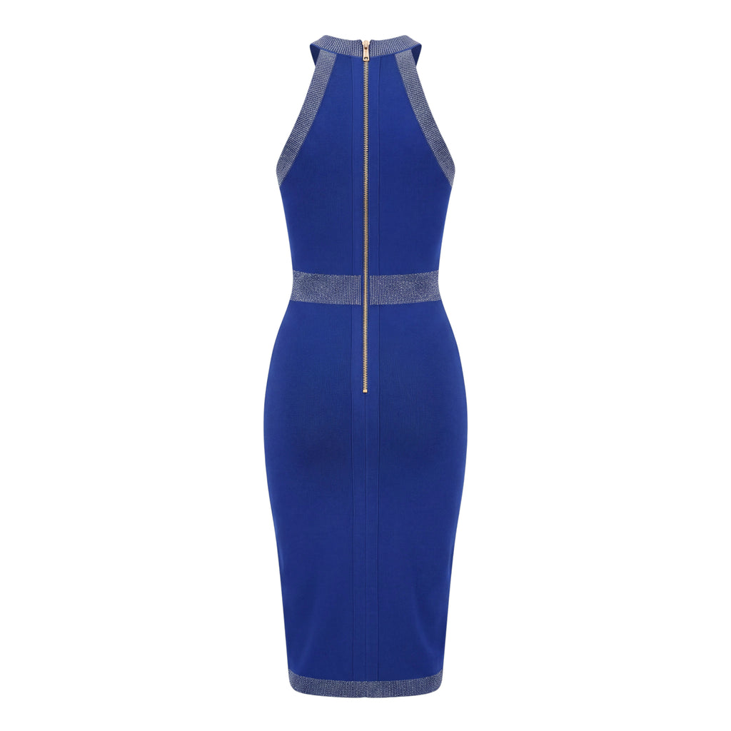 BALMAIN BLUE KNIT MAXI DRESS SLEEVELESS WITH GOLD BUTTONS - SIZE 40