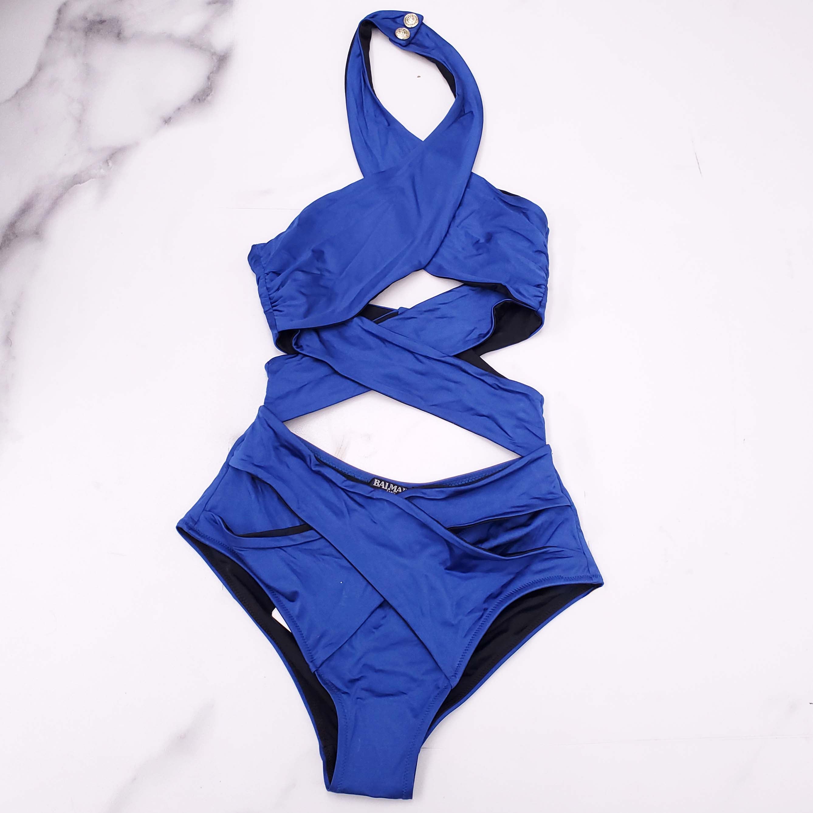 BALMAIN BLUE SWIMSUIT WITH CUTOUT DETAILS AND GOLD LOGO BUTTONS - SIZE 36
