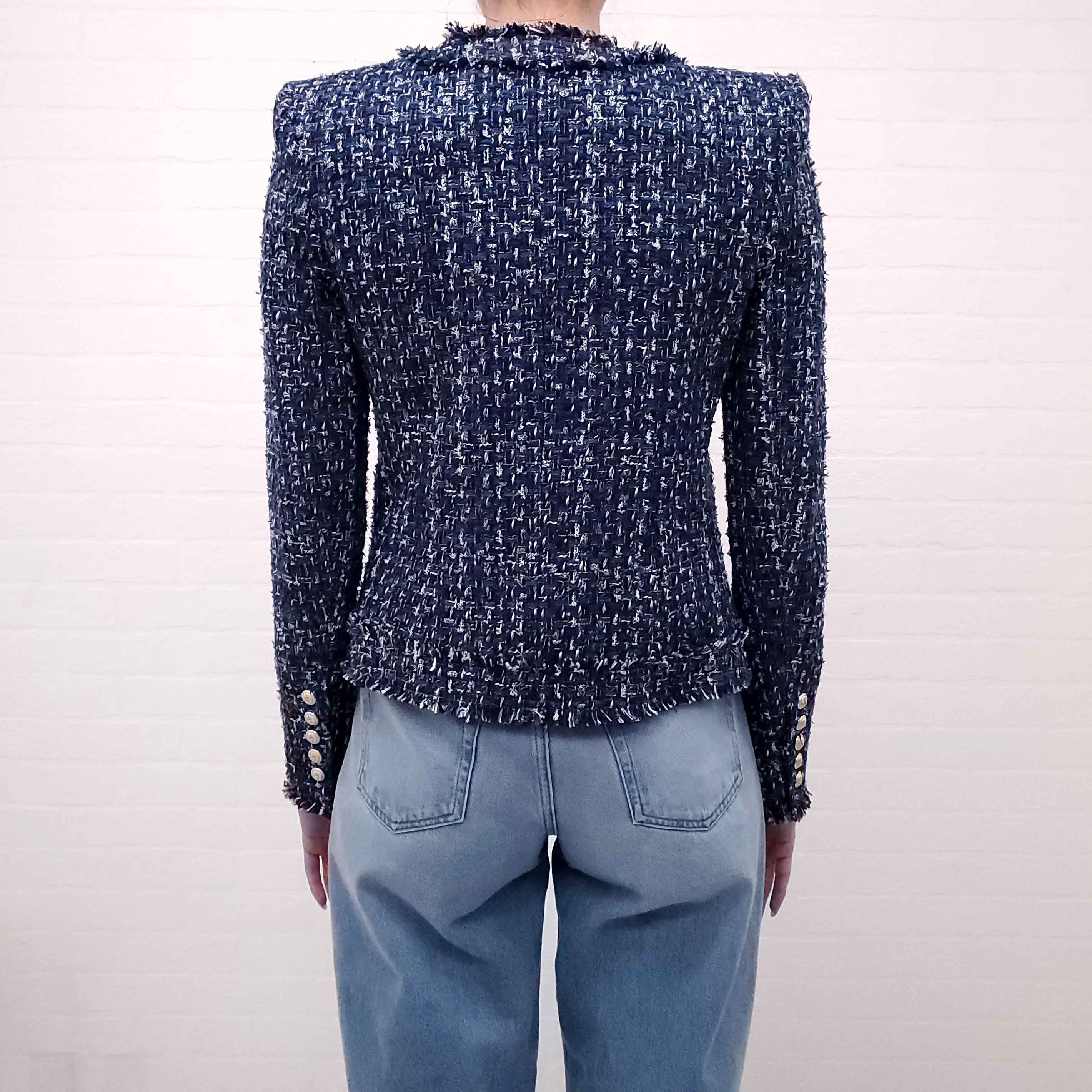 BALMAIN BLUE TWEED JACKET WITH GOLD LOGO BUTTONS -  SIZE 36