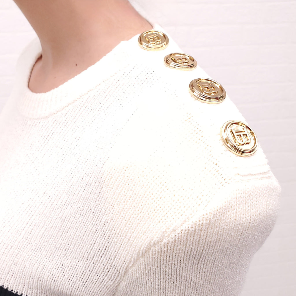 BALMAIN CREAM AND BLACK STRIPED SHORT SLEEVE SWEATER WITH LOGO BUTTONS - SIZE 38