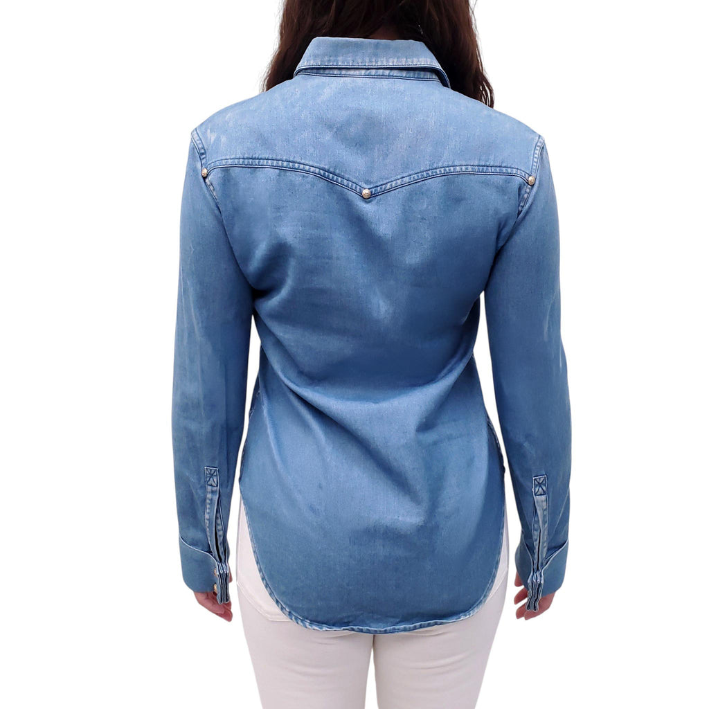BALMAIN DENIM-EFFECT TOP WITH GOLD BUTTONS - SIZE 36