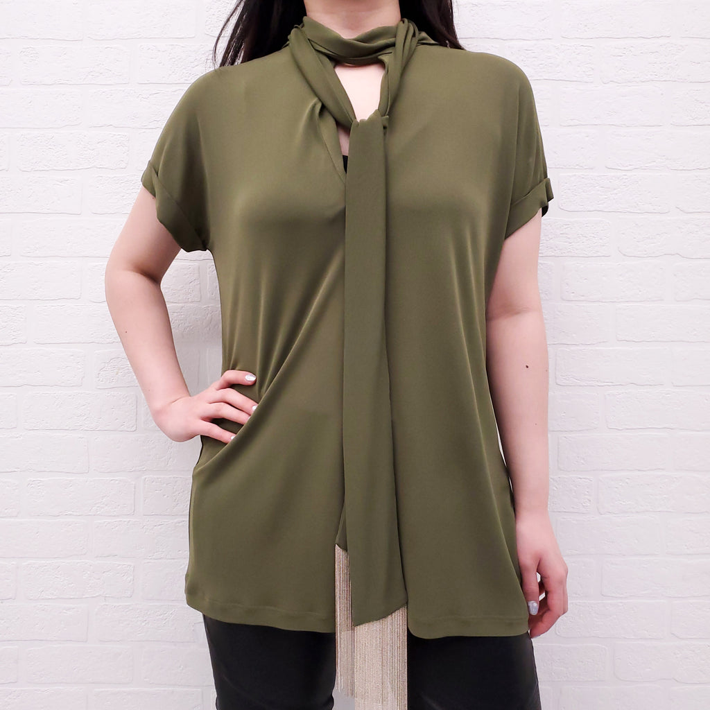 BALMAIN GREEN BLOUSE WITH FRINGE NECK TIE DETAIL - SIZE 34