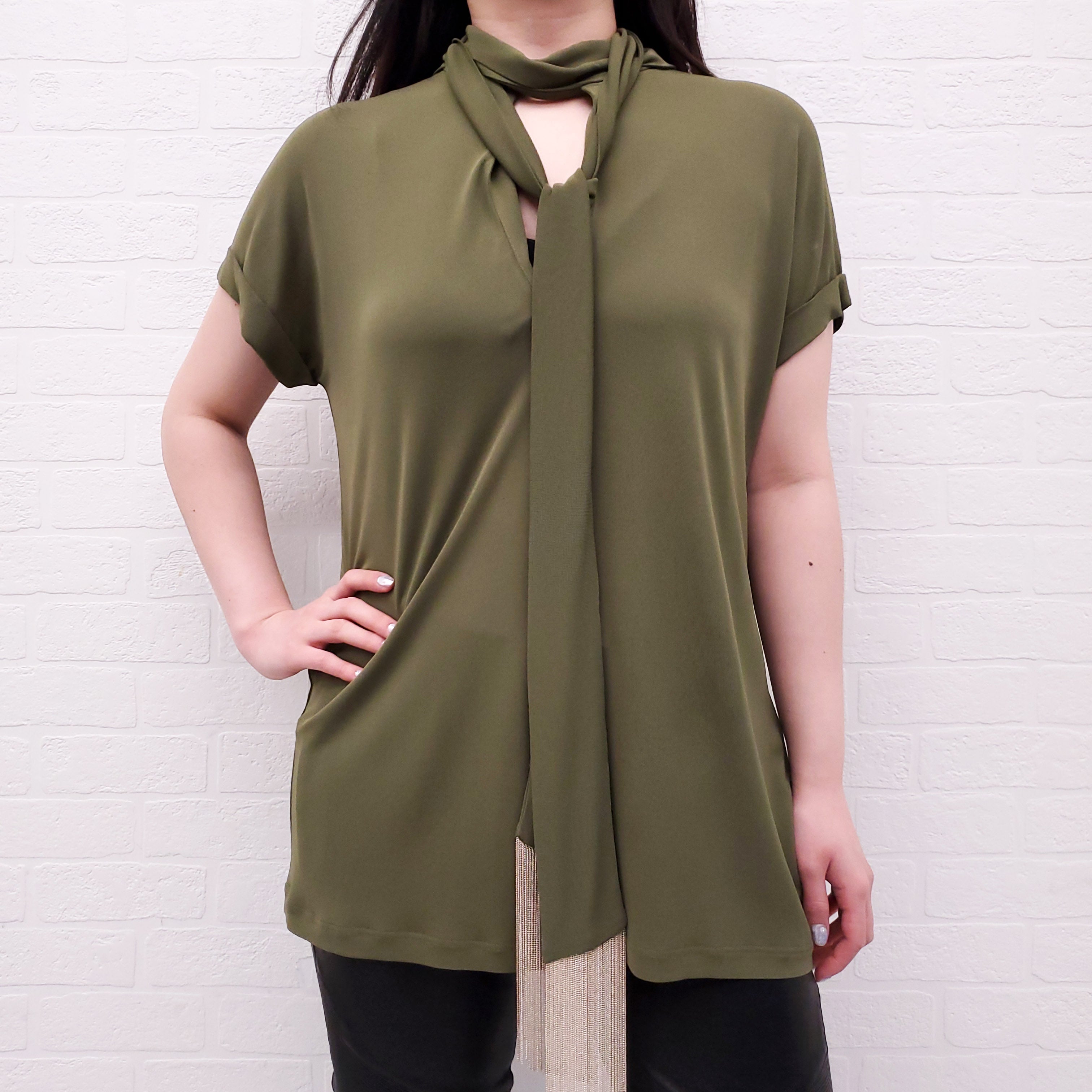 BALMAIN GREEN BLOUSE WITH FRINGE NECK TIE DETAIL - SIZE 34