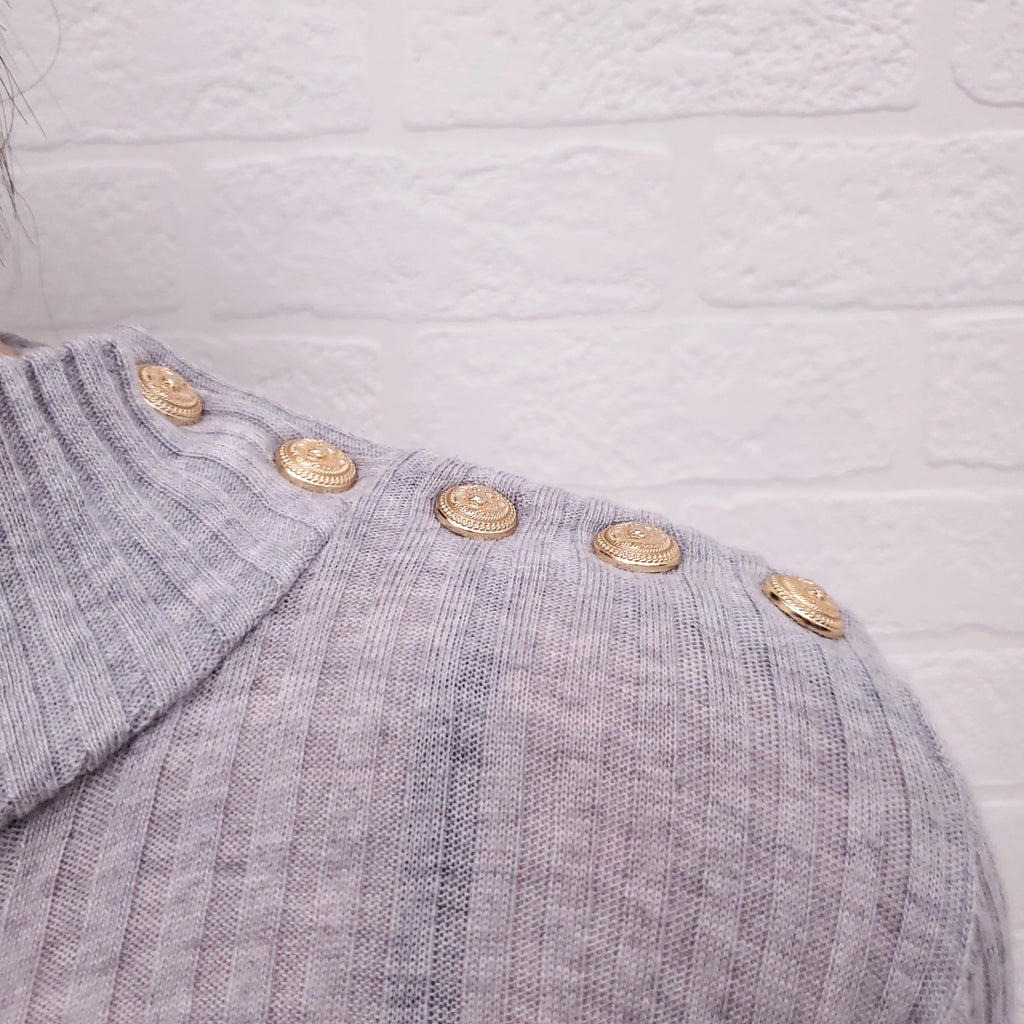 BALMAIN GREY RIBBED LONG SLEEVE WITH GOLD LOGO BUTTONS - SIZE XS