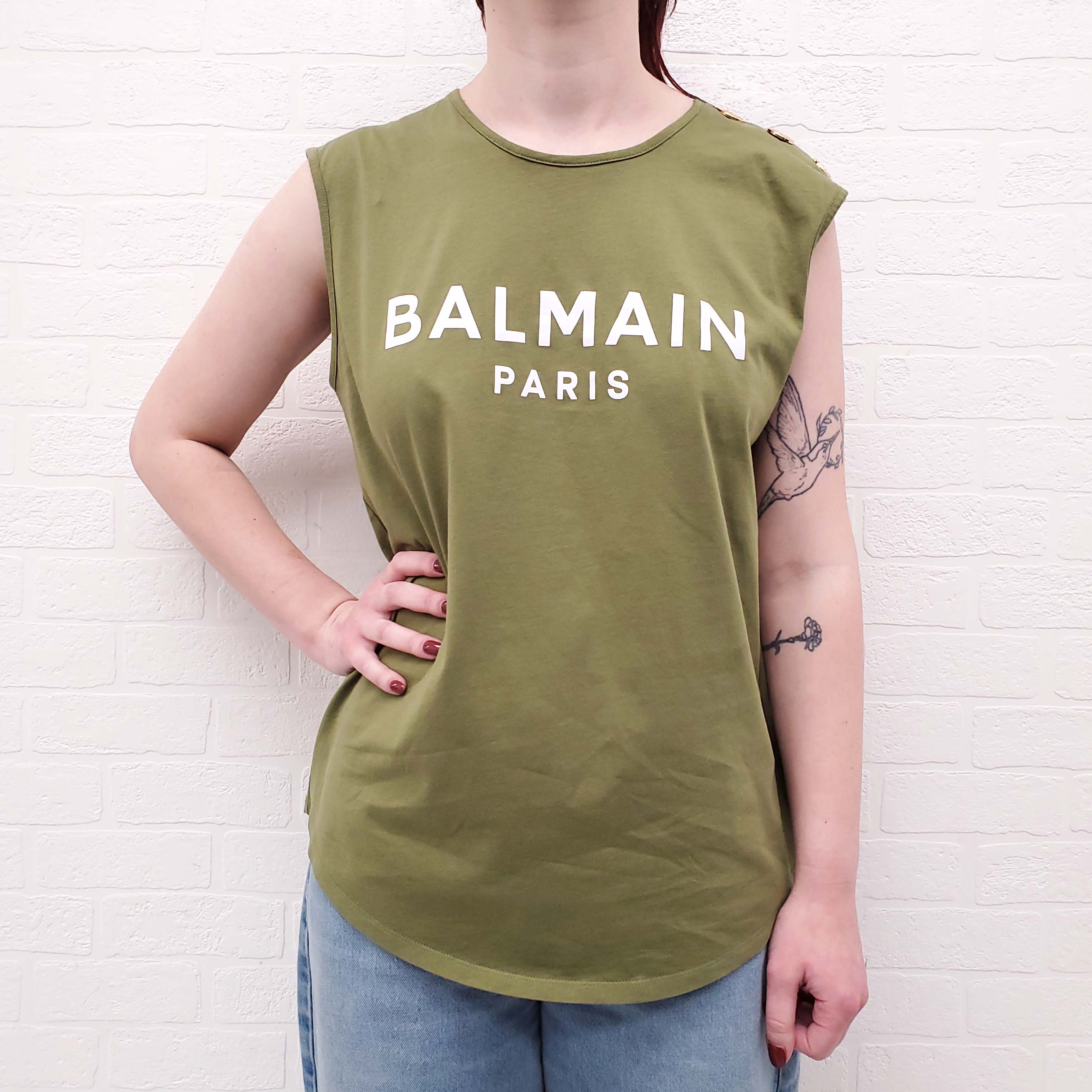 BALMAIN KAKI GREEN LOGO TANK WITH LOGO BUTTONS - SIZE L