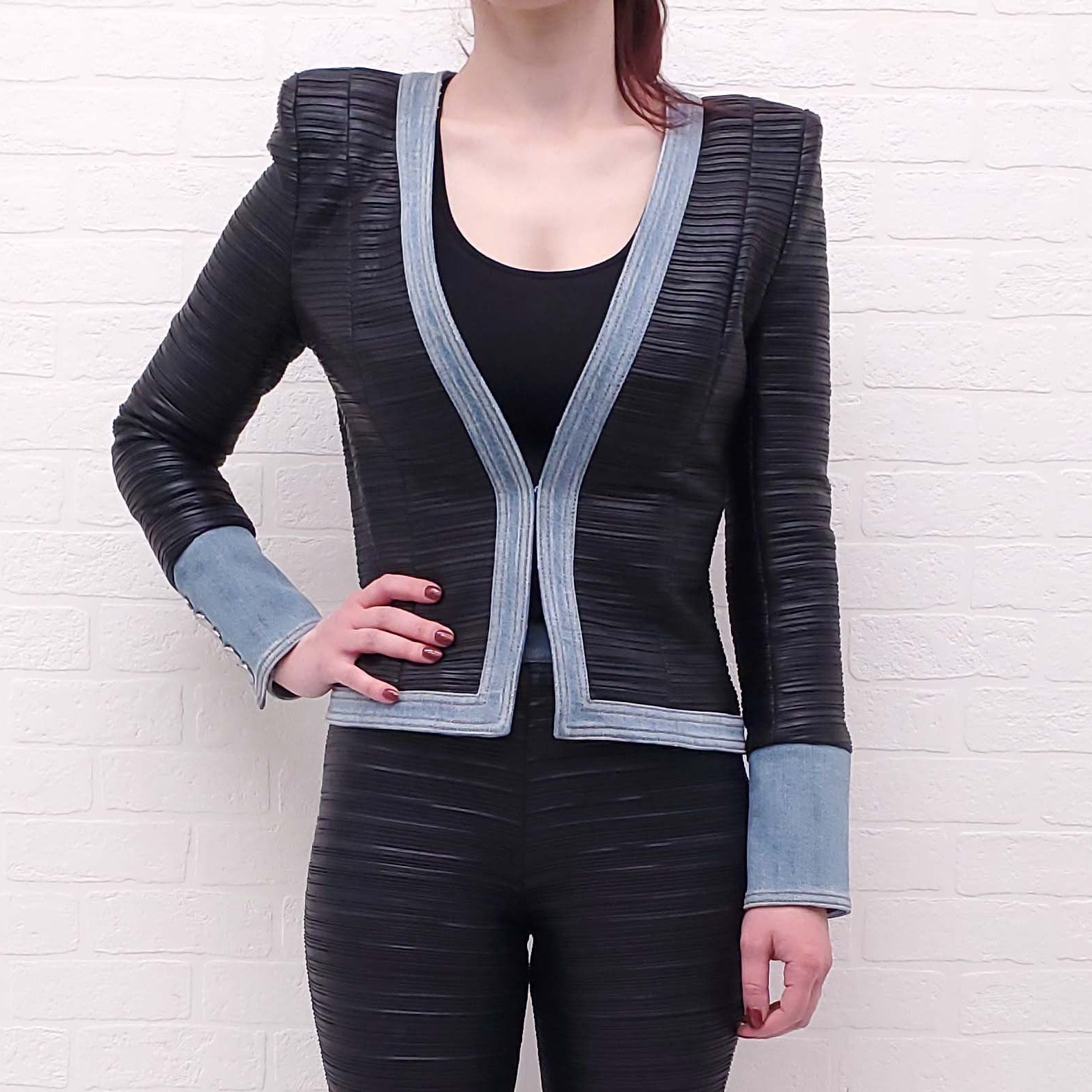 BALMAIN FAUX LEATHER DENIM JACKET - SIZE 36