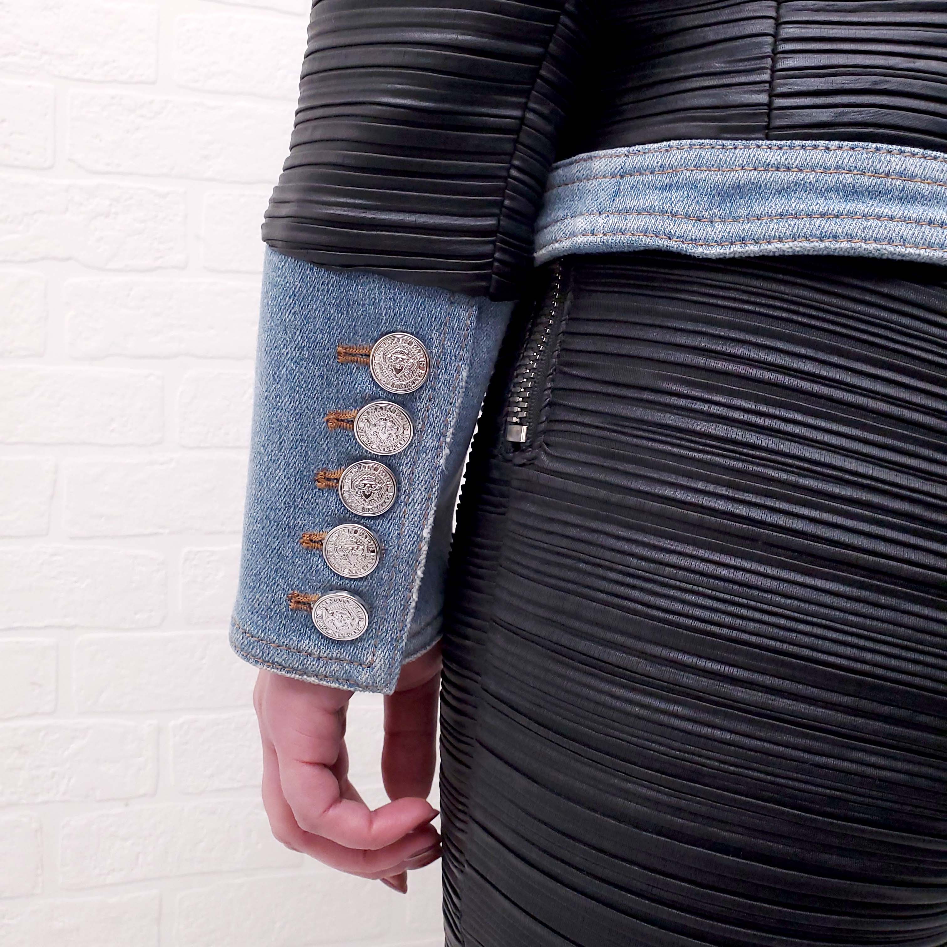 BALMAIN FAUX LEATHER DENIM JACKET - SIZE 36