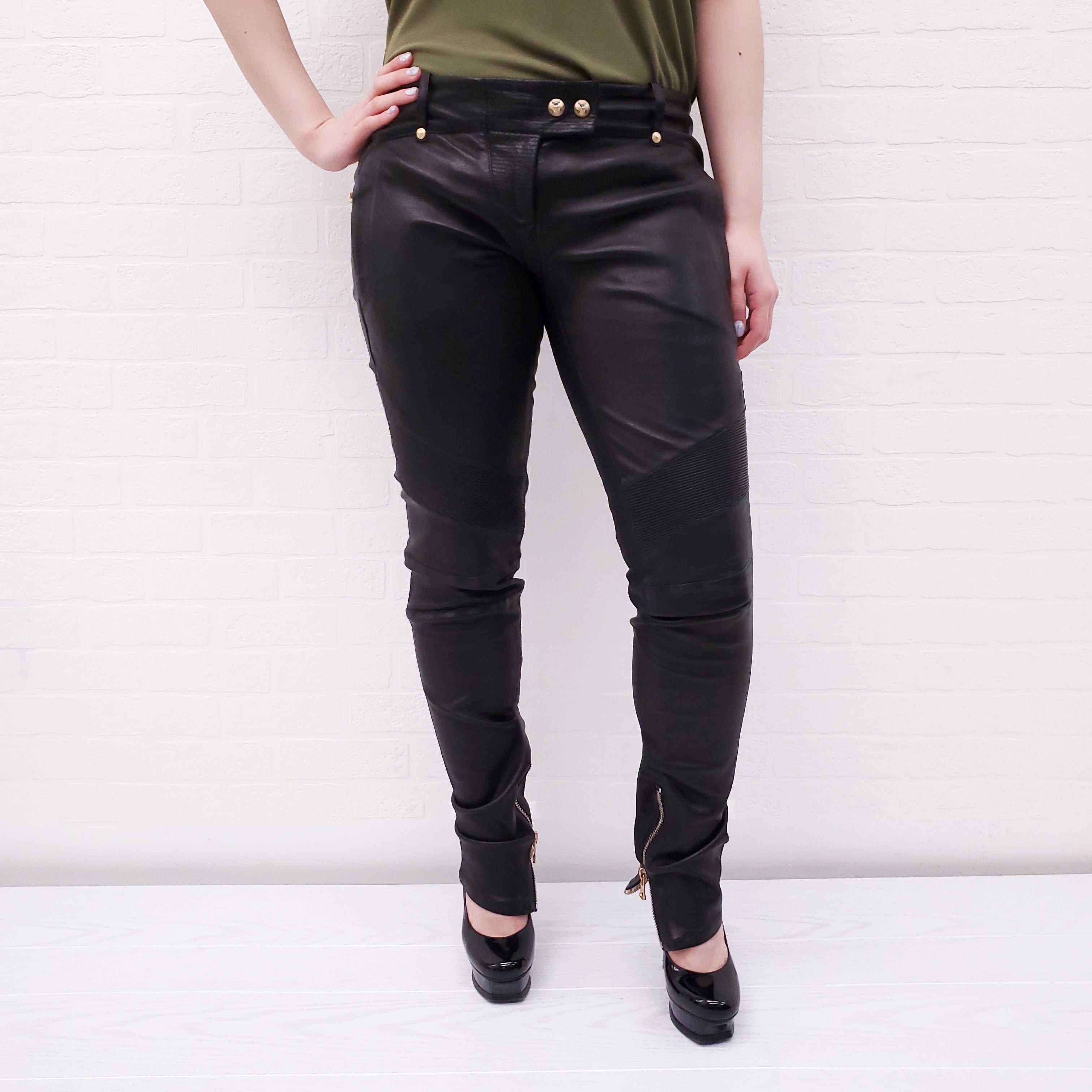 BALMAIN LEATHER PANTS WITH GOLD LOGO BUTTON DETAIL - SIZE 40