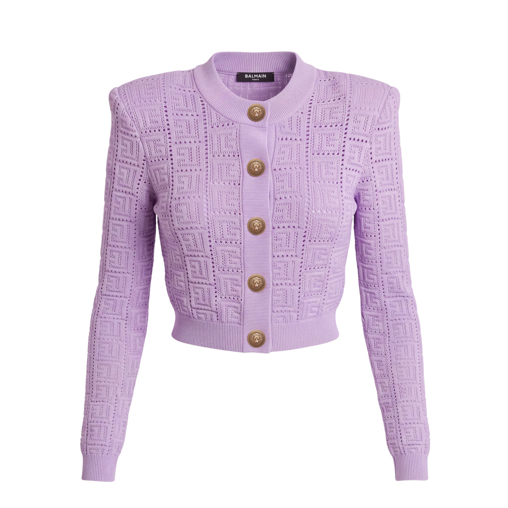 BALMAIN LILAC MONOGRAM MESH KNIT CARDIGAN - SIZE 40