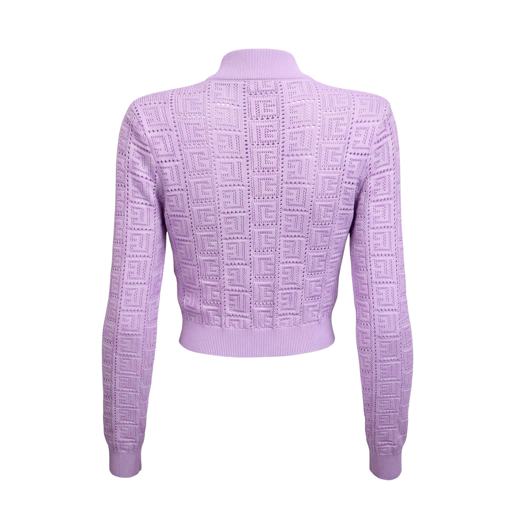BALMAIN LILAC MONOGRAM MESH KNIT CARDIGAN - SIZE 40