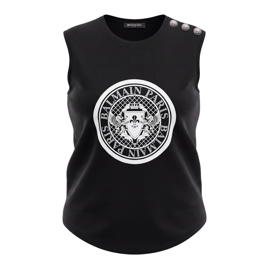 BALMAIN LOGO SLEEVELESS WITH SILVER LOGO BUTTONS - SIZE 38