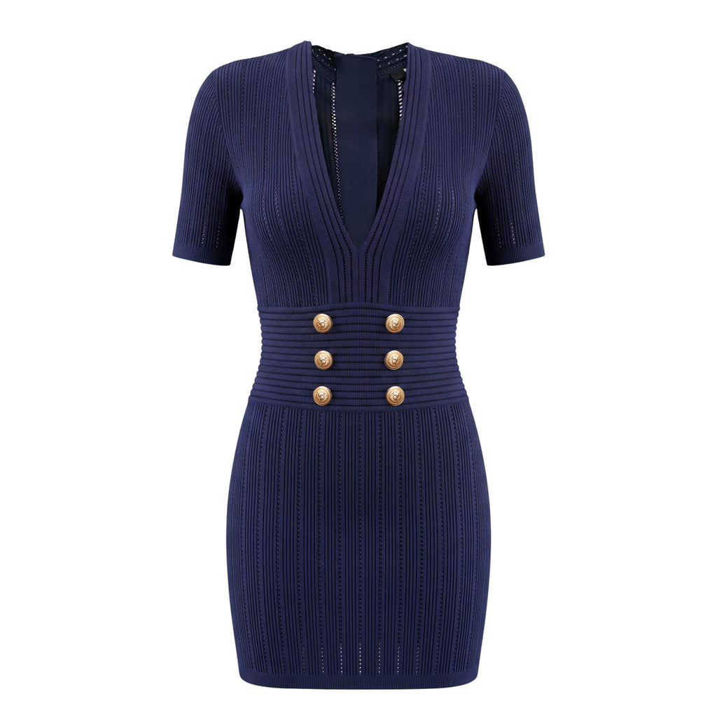 BALMAIN NAVY KNIT SHORT SLEEVE DRESS WITH GOLD BUTTONS - SIZE 42