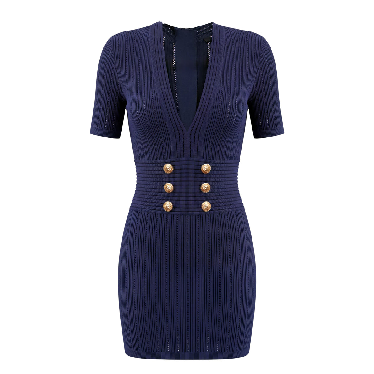 BALMAIN NAVY KNIT SHORT SLEEVE DRESS WITH GOLD BUTTONS - SIZE 42