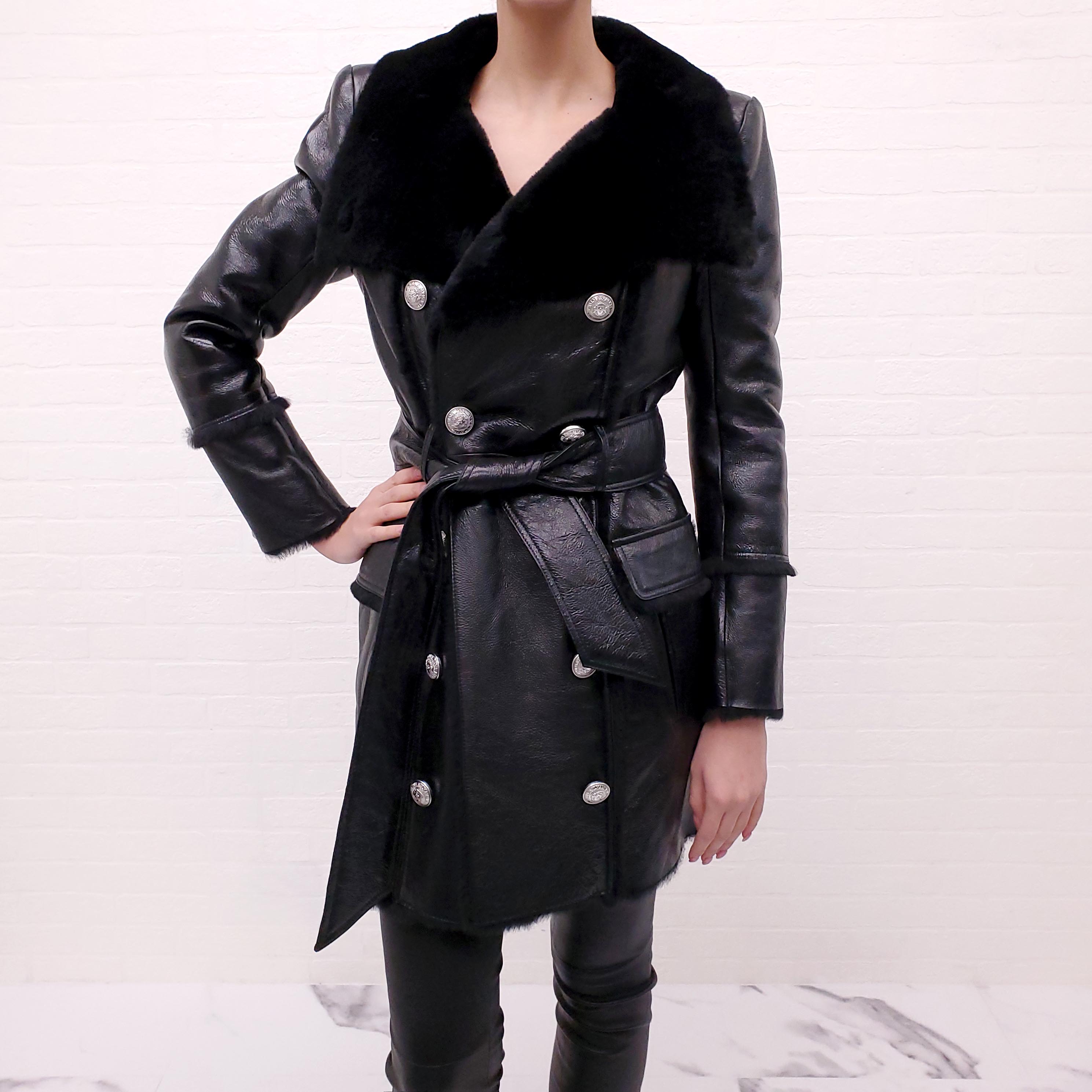 BALMAIN PATENT SHEARLING JACKET - SIZE 38