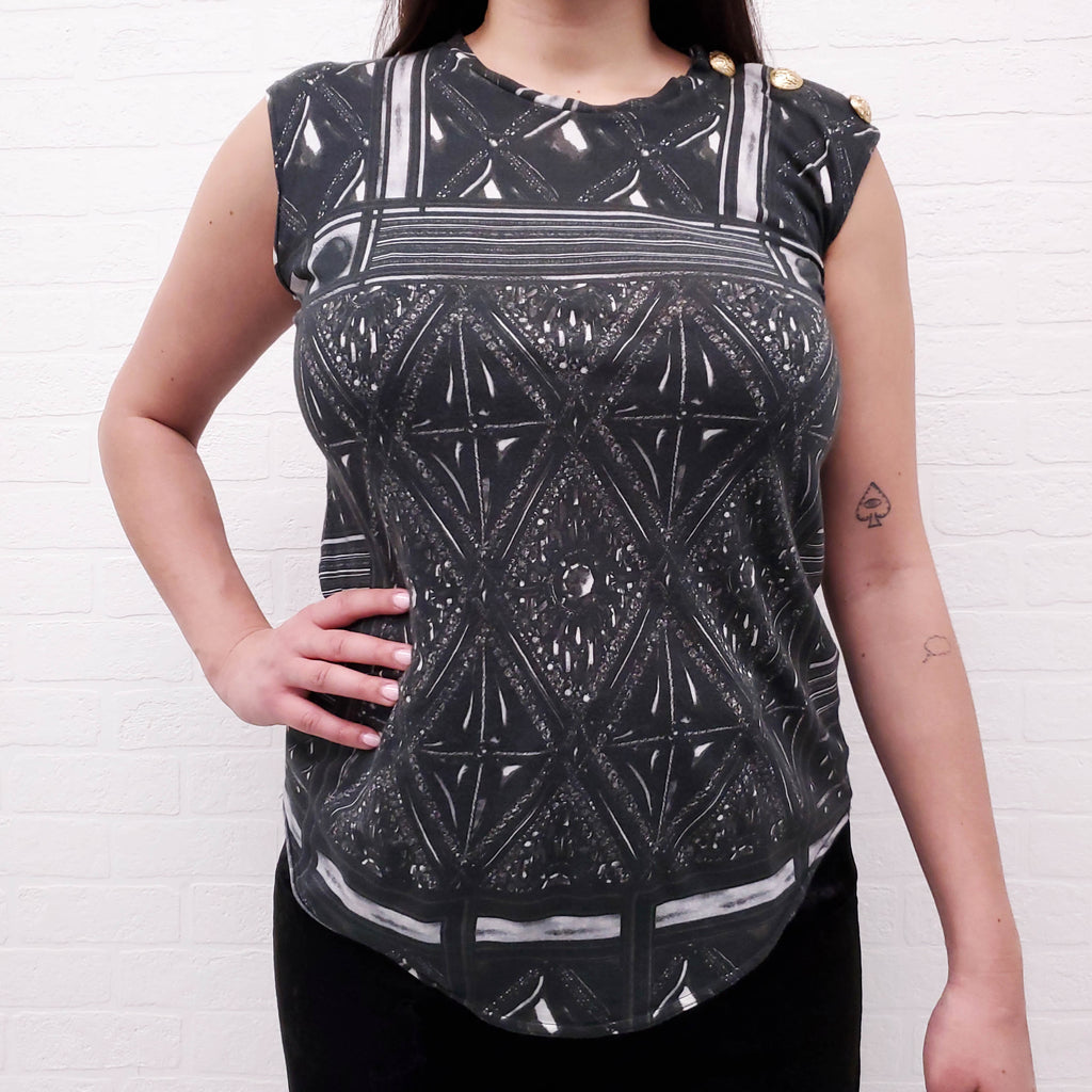 BALMAIN PATTERNED TANK WITH GOLD BUTTONS - SIZE 38